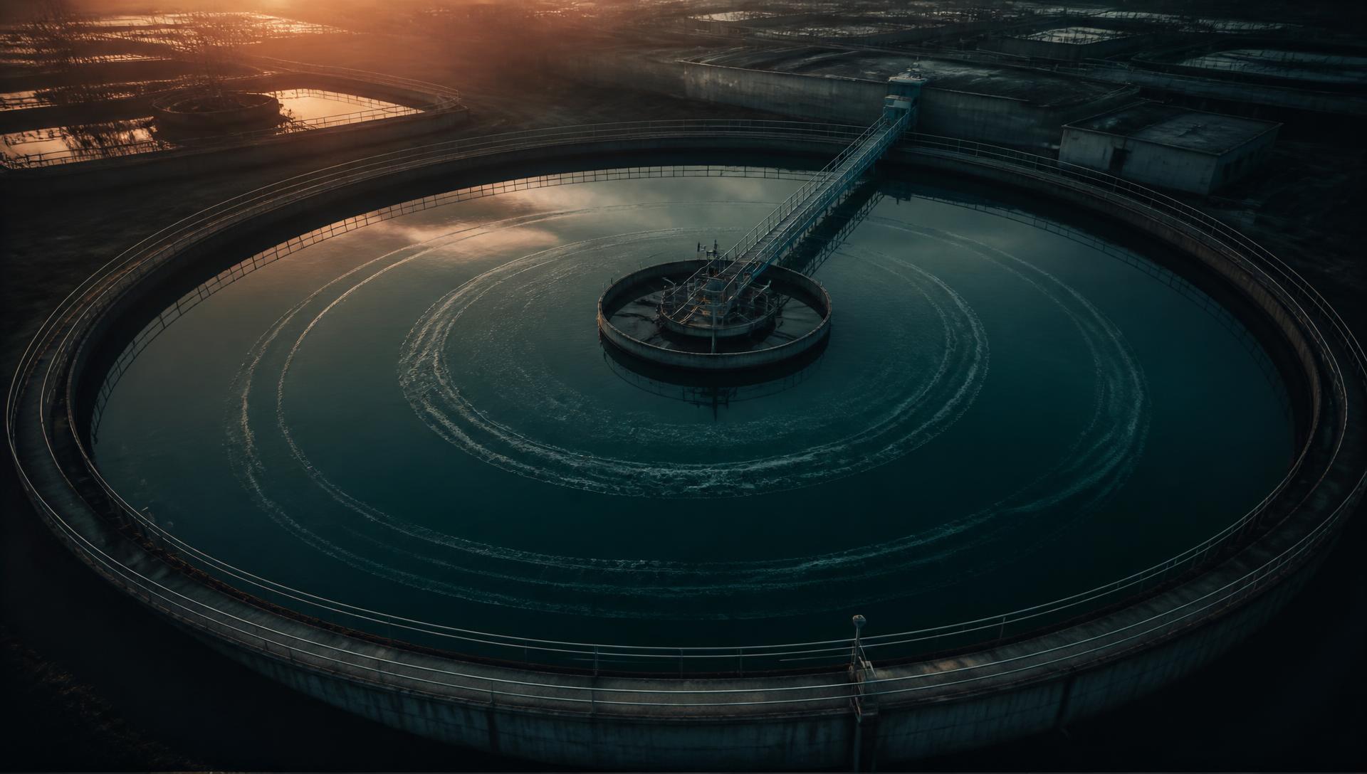 Aerial view of a clarifier basin at dawn